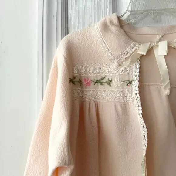 Vintage Pink Peach Fleece Fleece Lace Trim Bed Jacket Capelet No Size S/M - Picture 2 of 8